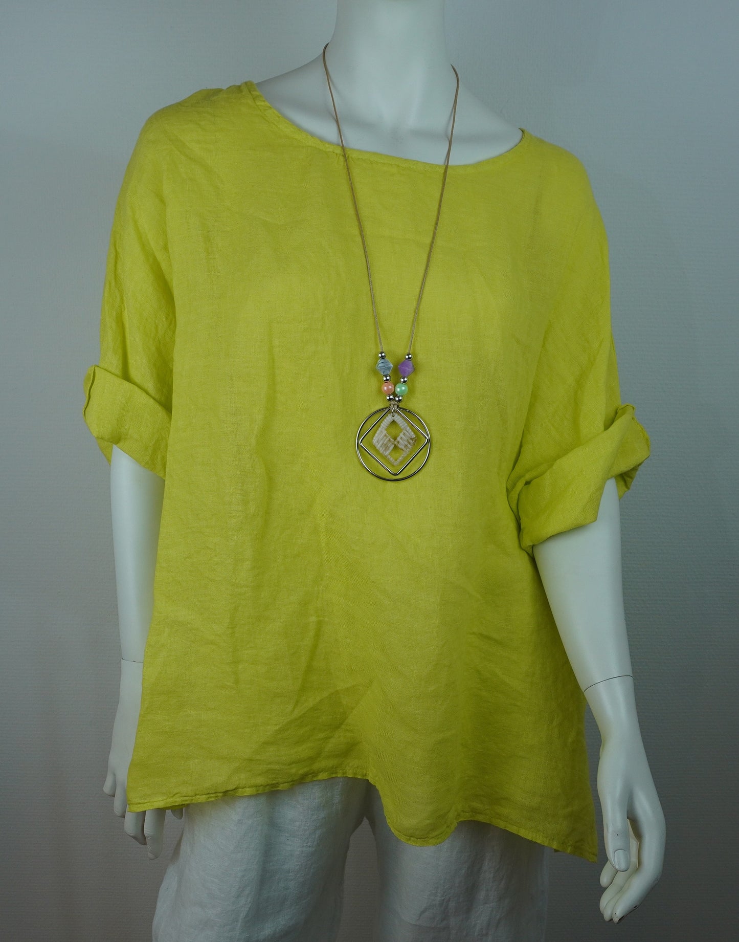 Leinen-Oberteil Gelb/Limette mit Boho-Kette – Kurzarm, Locker, Sommer-Set
