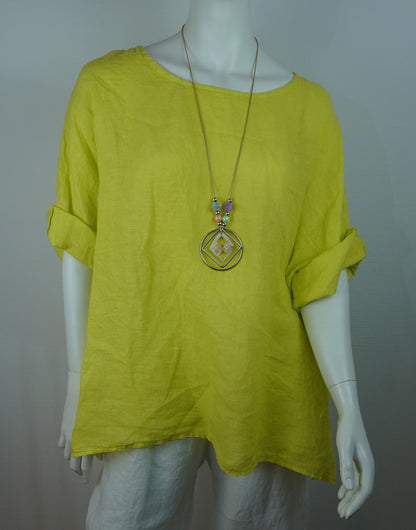 Leinen-Oberteil Gelb/Limette mit Boho-Kette – Kurzarm, Locker, Sommer-Set