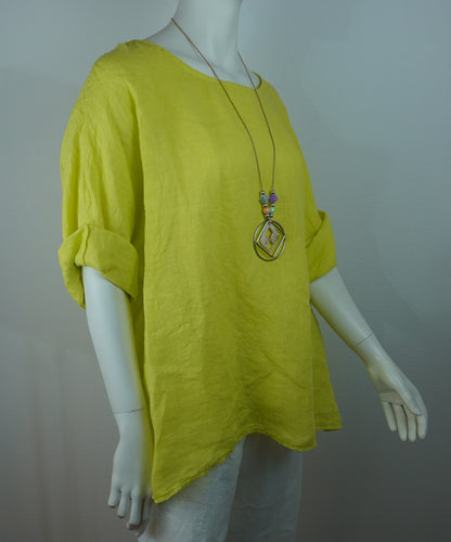 Leinen-Oberteil Gelb/Limette mit Boho-Kette – Kurzarm, Locker, Sommer-Set