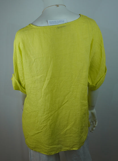 Leinen-Oberteil Gelb/Limette mit Boho-Kette – Kurzarm, Locker, Sommer-Set