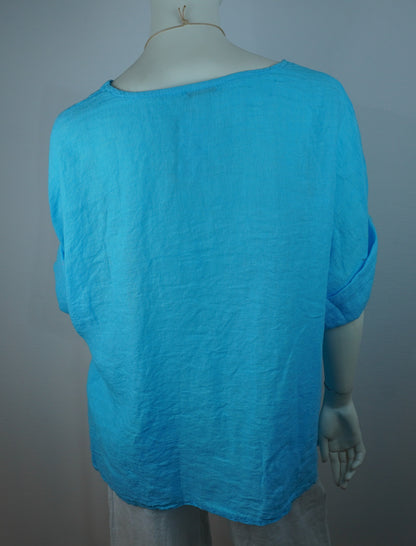 Leinen-Oberteil Türkisblau mit Boho-Kette – Kurzarm, Locker, Sommer-Set