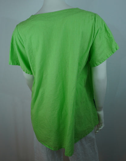 Leinen-Shirt Grün mit Kunstdruck – Kurzarm, Fronttaschen, Boho