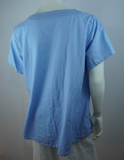 Leinen-Shirt Hellblau mit Pilzdruck – Kurzarm, Fronttaschen, Boho