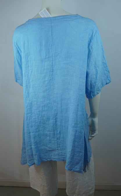 Leinen-Tunika Hellblau – 3/4-Arm, Asymmetrischer Saum, Fronttasche