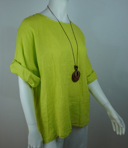 Leinen-Oberteil Limette mit Holzkette – Kurzarm, Locker, Sommer-Set