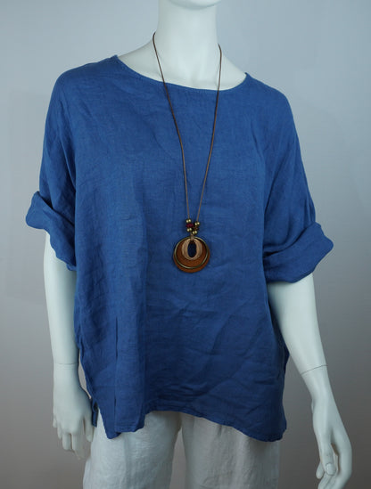 Leinen-Oberteil Jeansblau mit Holzkette – Kurzarm, Seitenschlitze, Sommer-Set