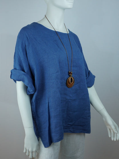 Leinen-Oberteil Jeansblau mit Holzkette – Kurzarm, Seitenschlitze, Sommer-Set