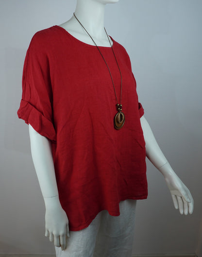 Leinen-Oberteil Rot mit Holzkette – Kurzarm, Seitenschlitze, Sommer-Set