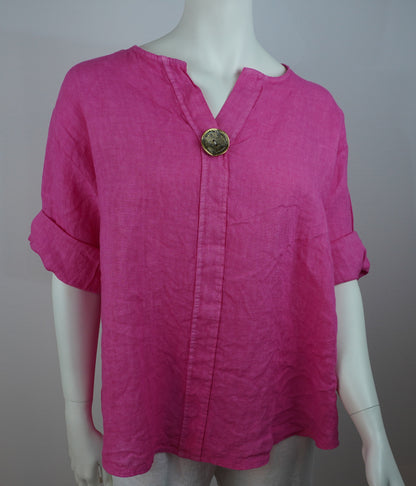 Oversize Leinenbluse 100% Leinen – mit dekorativem Statement-Knopf, Fuchsia