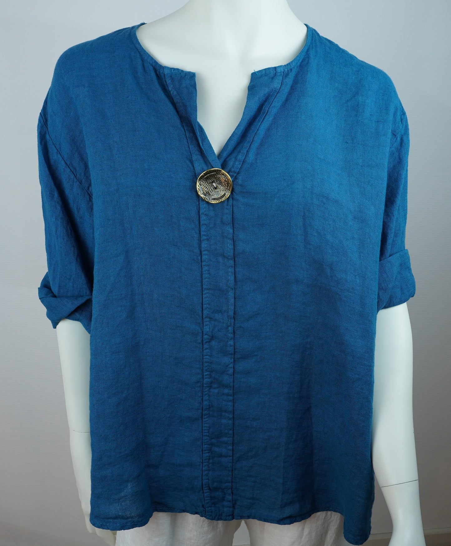 Oversize Leinenbluse 100% Leinen – mit dekorativem Statement-Knopf, Petrol
