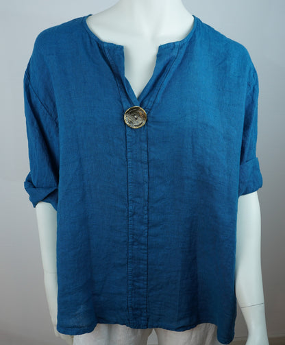 Oversize Leinenbluse 100% Leinen – mit dekorativem Statement-Knopf, Petrol