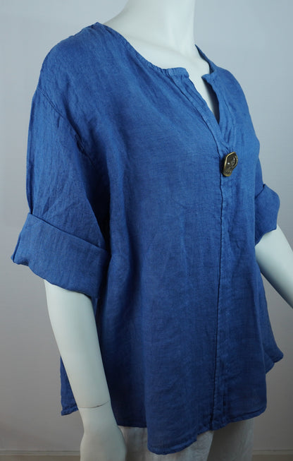 Oversize Leinenbluse 100% Leinen – Statement-Knopf, Kornblumenblau