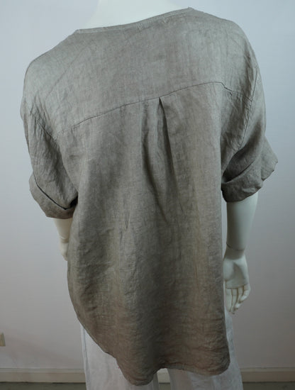 Oversize Leinenbluse 100% Leinen – mit dekorativem Statement-Knopf, Greige