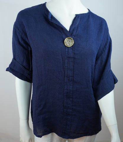 Oversize Leinenbluse 100% Leinen – mit dekorativem Statement-Knopf, Navy