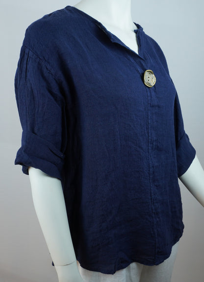 Oversize Leinenbluse 100% Leinen – mit dekorativem Statement-Knopf, Navy