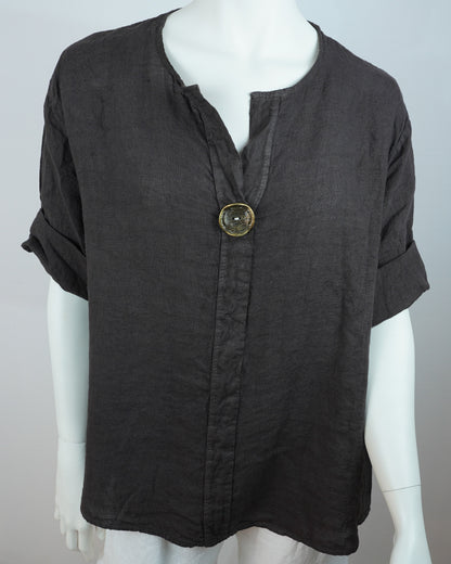 Oversize Leinenbluse 100% Leinen – mit dekorativem Statement-Knopf, Dunkelbraun
