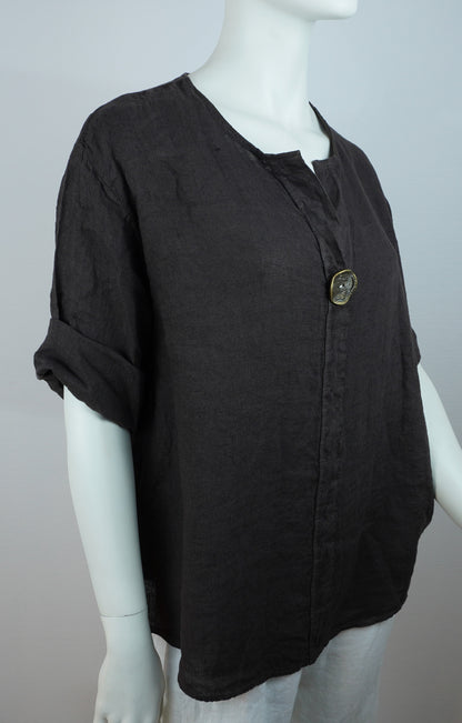 Oversize Leinenbluse 100% Leinen – mit dekorativem Statement-Knopf, Dunkelbraun