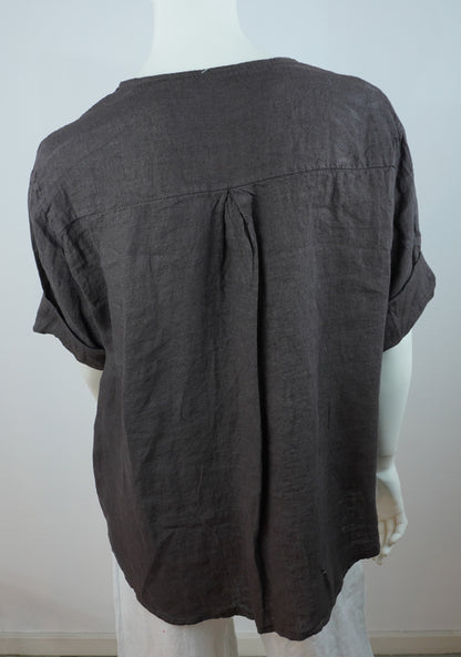 Oversize Leinenbluse 100% Leinen – mit dekorativem Statement-Knopf, Dunkelbraun