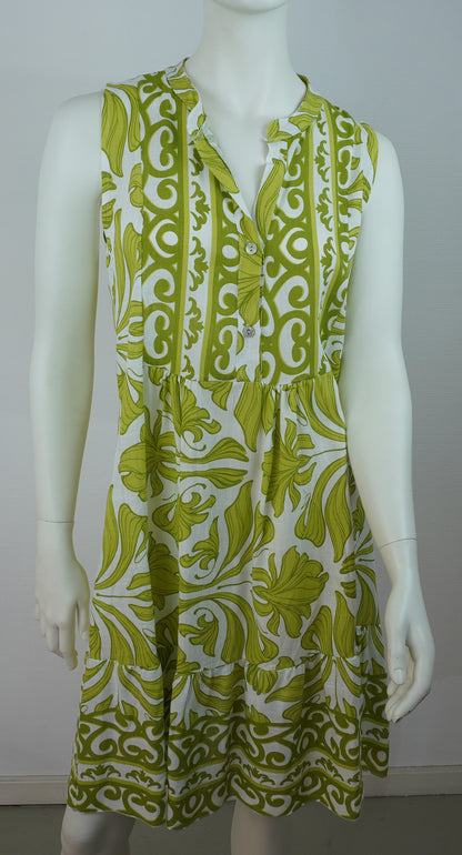 Sommerkleid 100% Viskose – Weiß mit grünem Boho-Print, ärmellos, Knopfleiste