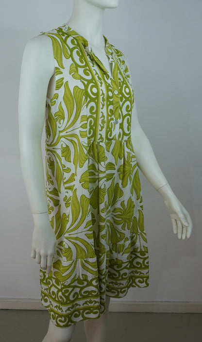 Sommerkleid 100% Viskose – Weiß mit grünem Boho-Print, ärmellos, Knopfleiste