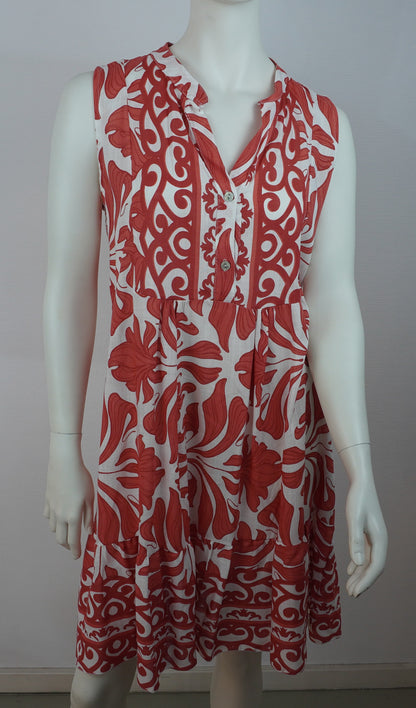 Sommerkleid 100% Viskose – Weiß mit rotem Boho-Print, ärmellos, Knopfleiste
