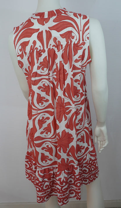 Sommerkleid 100% Viskose – Weiß mit rotem Boho-Print, ärmellos, Knopfleiste