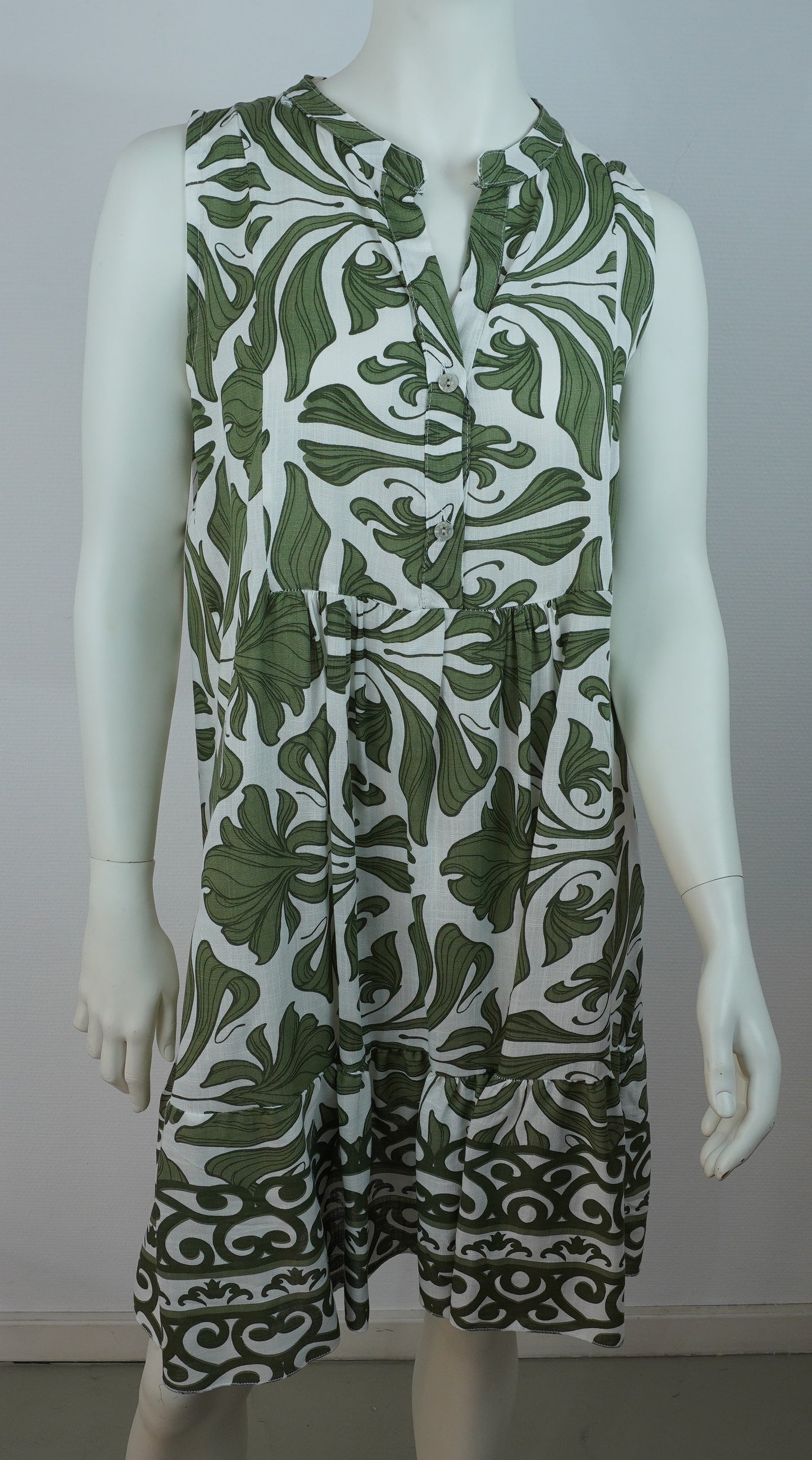 Sommerkleid 100% Viskose – Weiß mit olivgrünem Boho-Print, ärmellos, Knopfleiste