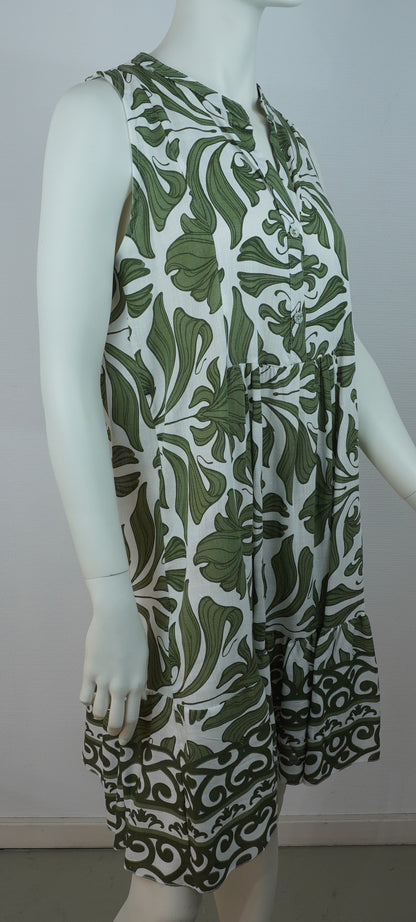 Sommerkleid 100% Viskose – Weiß mit olivgrünem Boho-Print, ärmellos, Knopfleiste