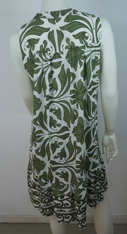 Sommerkleid 100% Viskose – Weiß mit olivgrünem Boho-Print, ärmellos, Knopfleiste