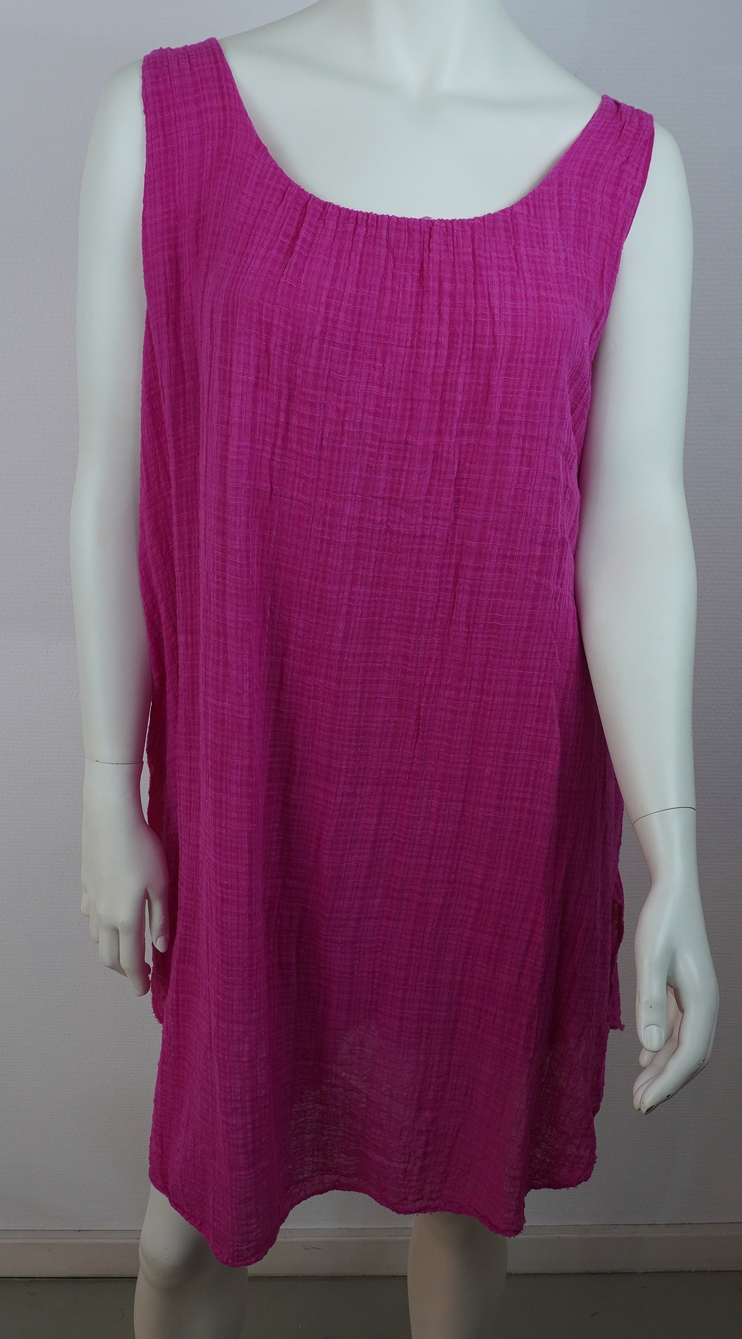 Sommerkleid 100% Baumwolle – Magenta/Pink, ärmellos, Crinkle-Look