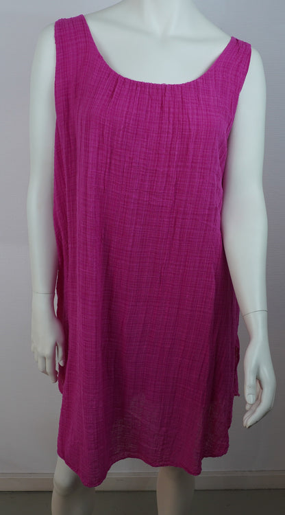 Sommerkleid 100% Baumwolle – Magenta/Pink, ärmellos, Crinkle-Look