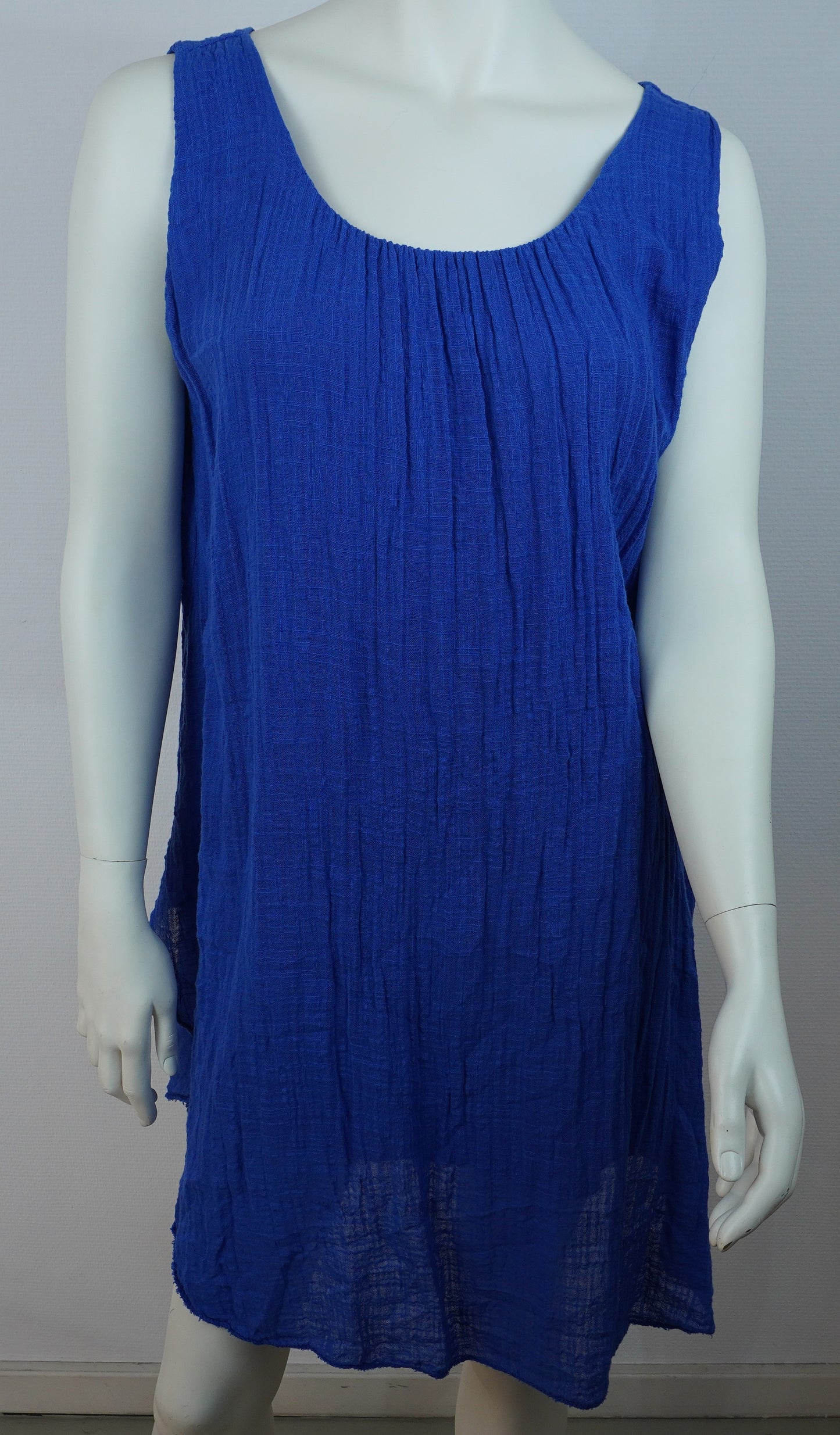 Sommerkleid 100% Baumwolle – Royalblau, ärmellos, Crinkle-Look