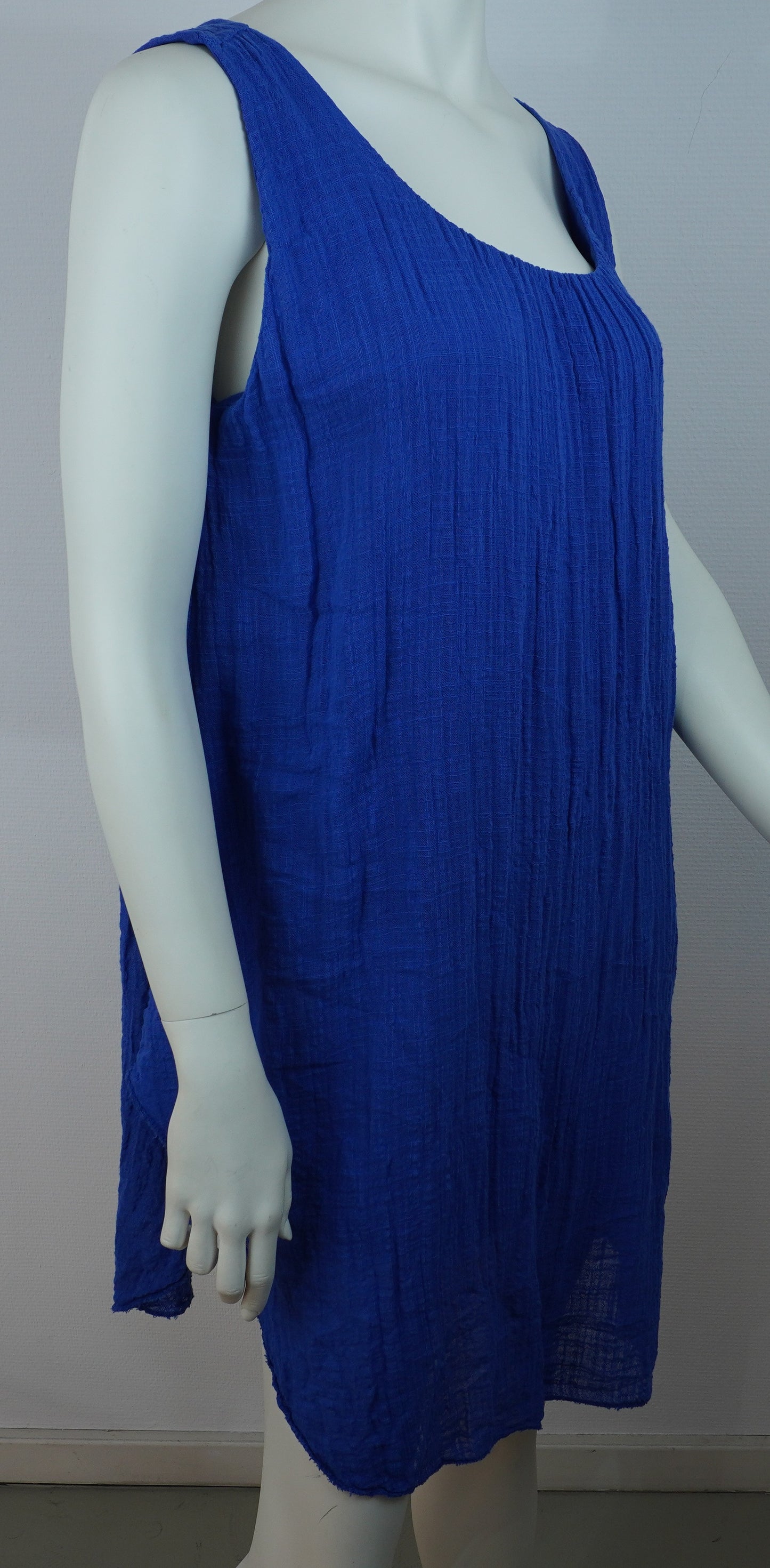 Sommerkleid 100% Baumwolle – Royalblau, ärmellos, Crinkle-Look