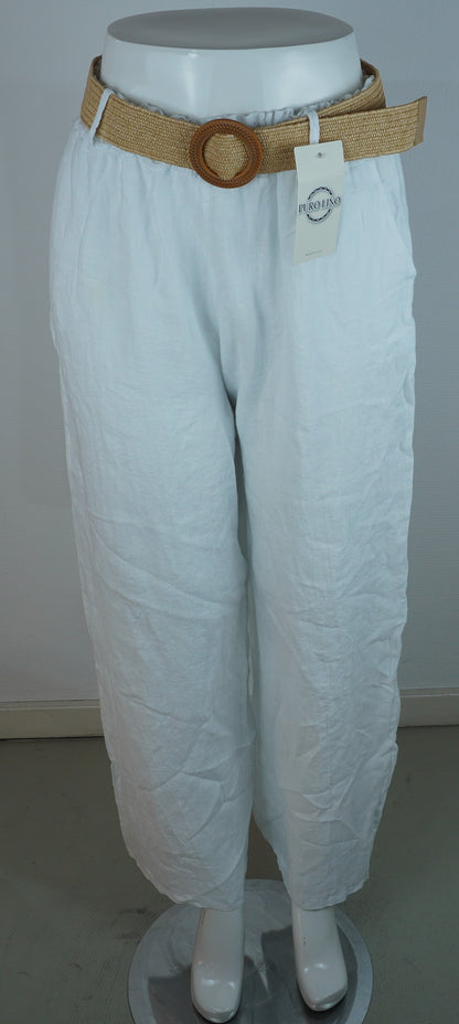 Leinenhose 100% Leinen – Weiß, mit Flechtgürtel, Sommerlook