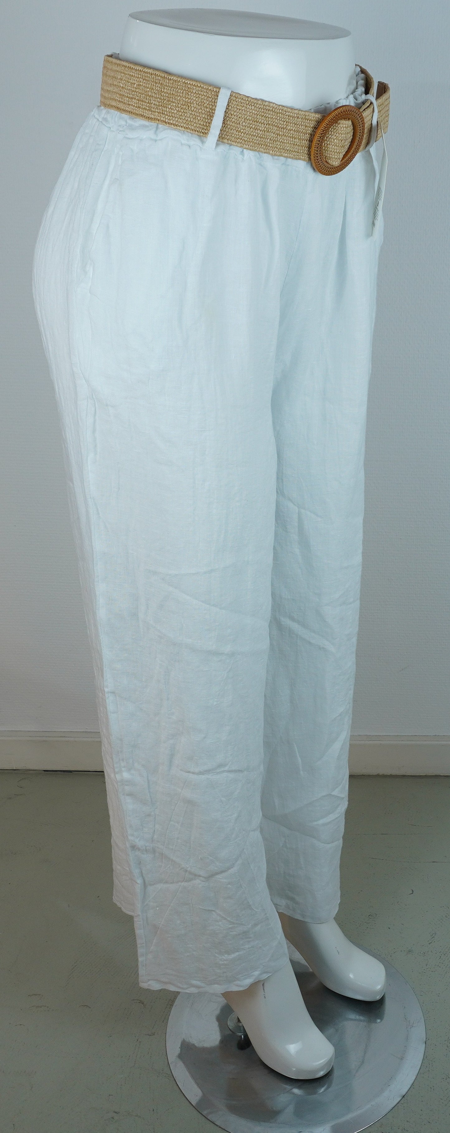 Leinenhose 100% Leinen – Weiß, mit Flechtgürtel, Sommerlook