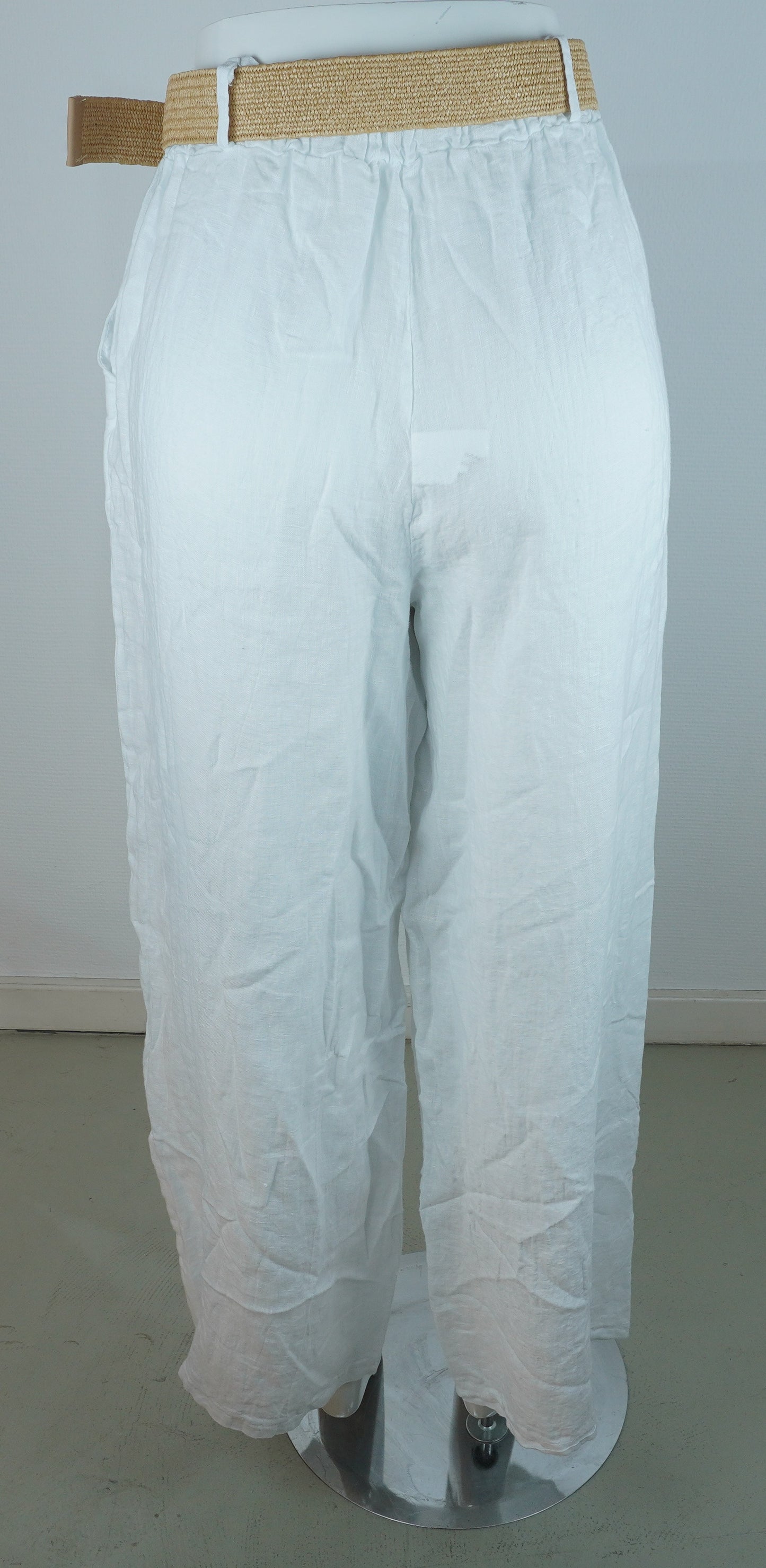 Leinenhose 100% Leinen – Weiß, mit Flechtgürtel, Sommerlook
