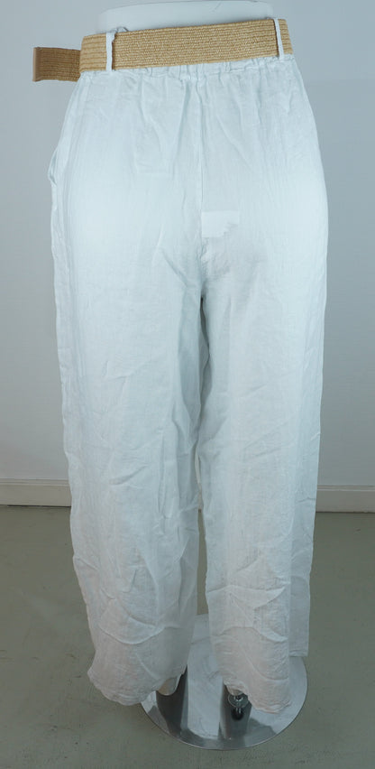 Leinenhose 100% Leinen – Weiß, mit Flechtgürtel, Sommerlook