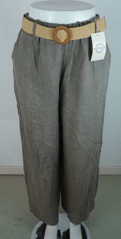 Leinenhose 100% Leinen – Taupe/Grau-Braun, mit Flechtgürtel, Sommerlook