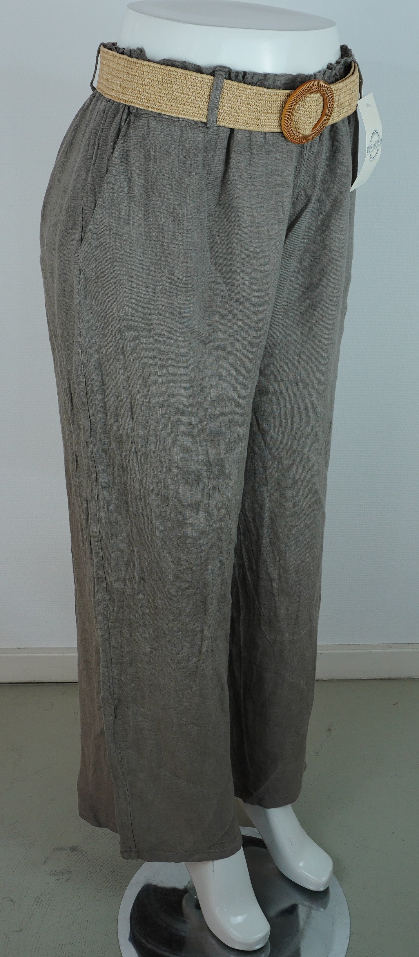 Leinenhose 100% Leinen – Taupe/Grau-Braun, mit Flechtgürtel, Sommerlook