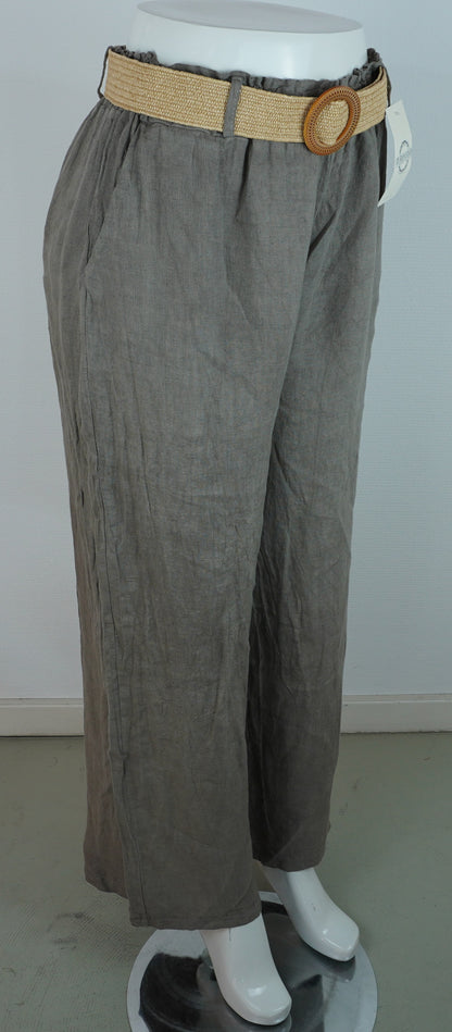 Leinenhose 100% Leinen – Taupe/Grau-Braun, mit Flechtgürtel, Sommerlook