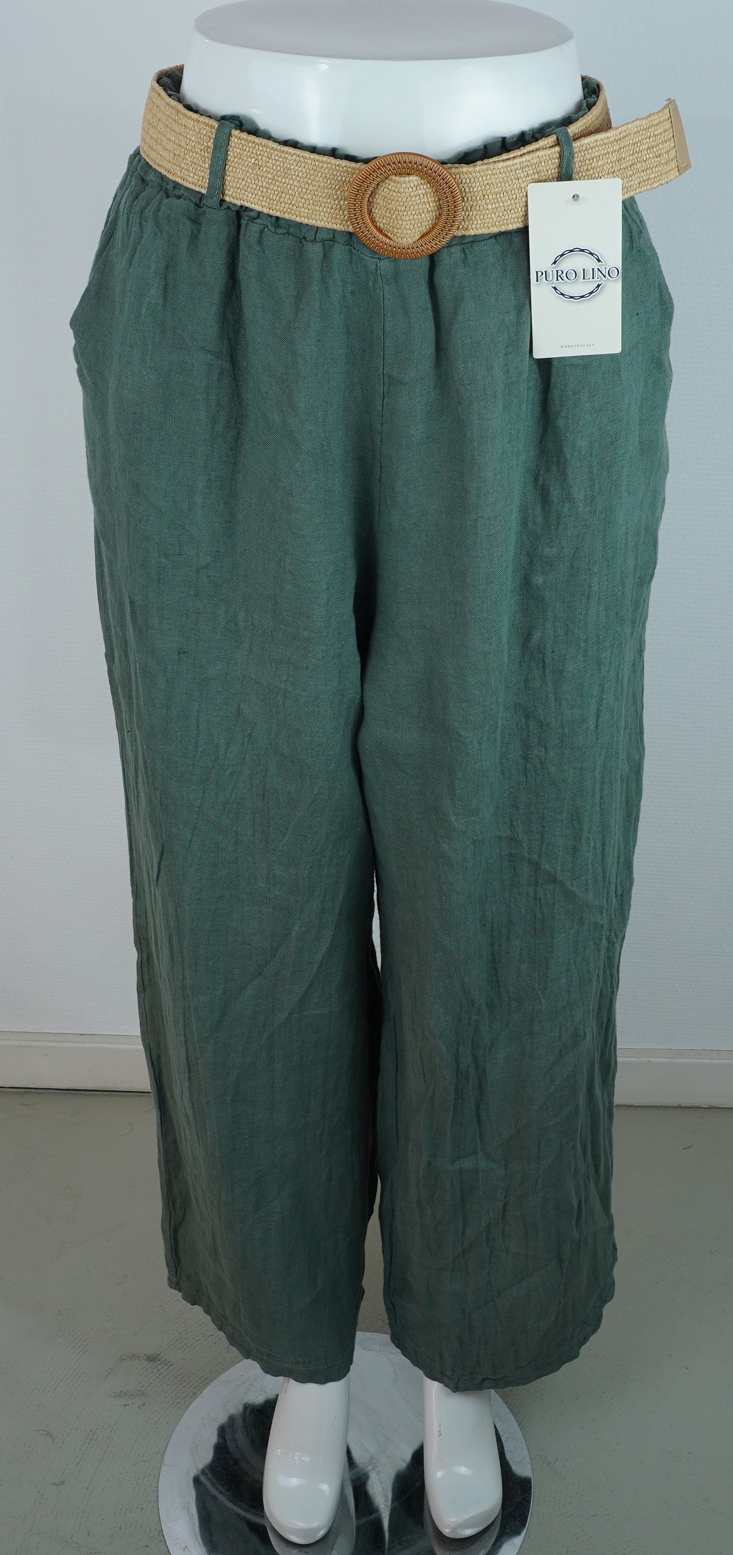 Leinenhose 100% Leinen – Petrol/Grün, mit Flechtgürtel, Sommerlook
