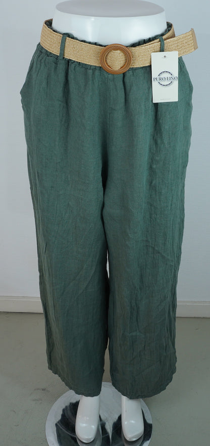 Leinenhose 100% Leinen – Petrol/Grün, mit Flechtgürtel, Sommerlook