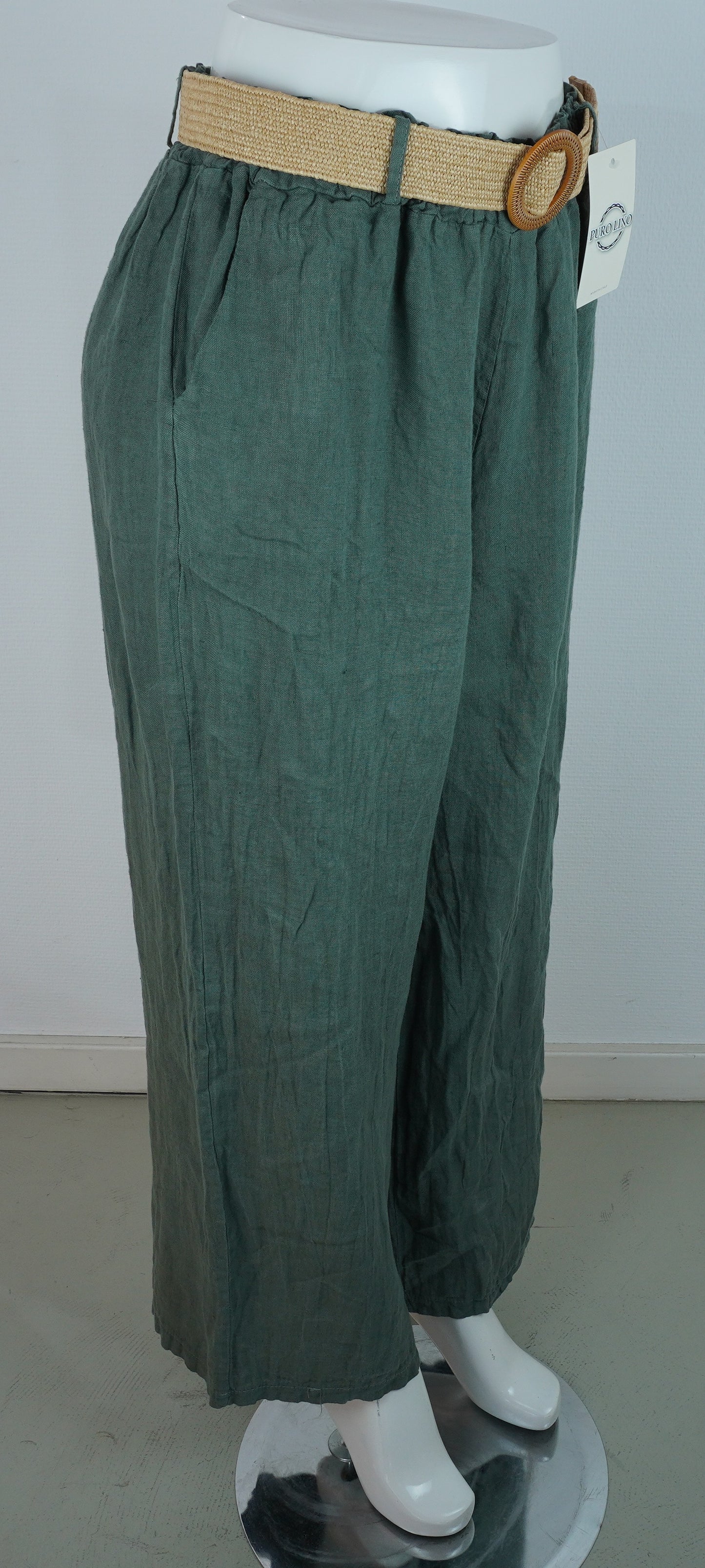 Leinenhose 100% Leinen – Petrol/Grün, mit Flechtgürtel, Sommerlook