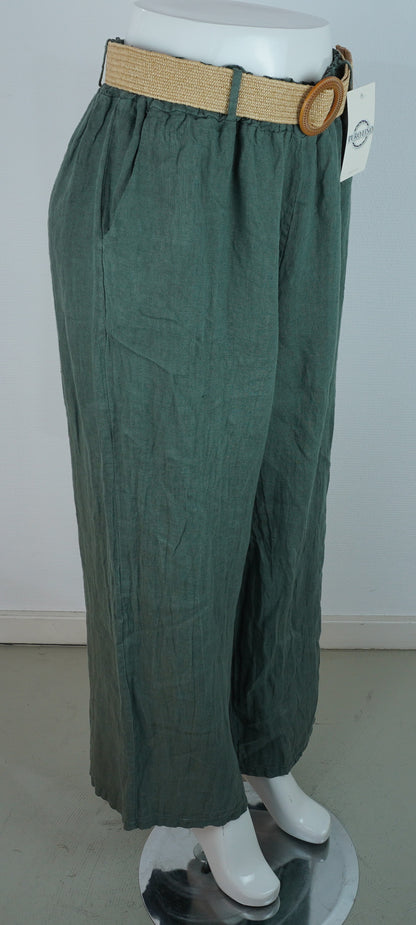 Leinenhose 100% Leinen – Petrol/Grün, mit Flechtgürtel, Sommerlook
