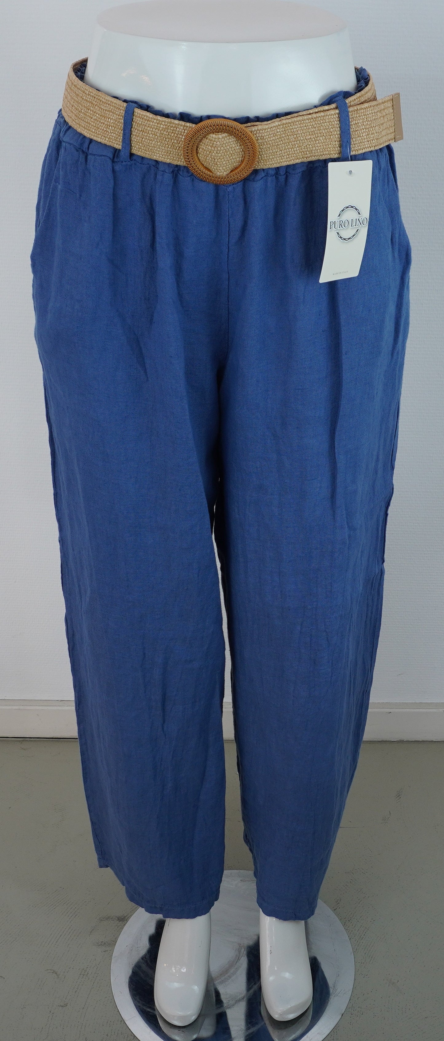 Leinenhose 100% Leinen – Mittelblau, mit Flechtgürtel, Sommerlook