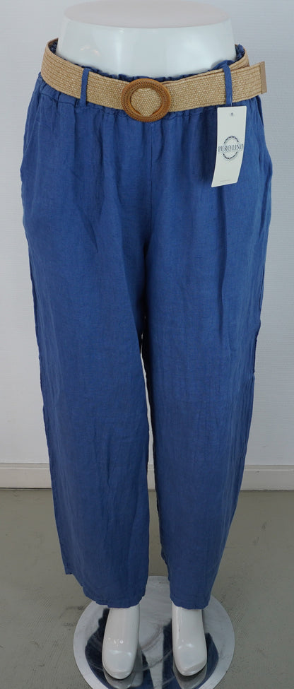 Leinenhose 100% Leinen – Mittelblau, mit Flechtgürtel, Sommerlook