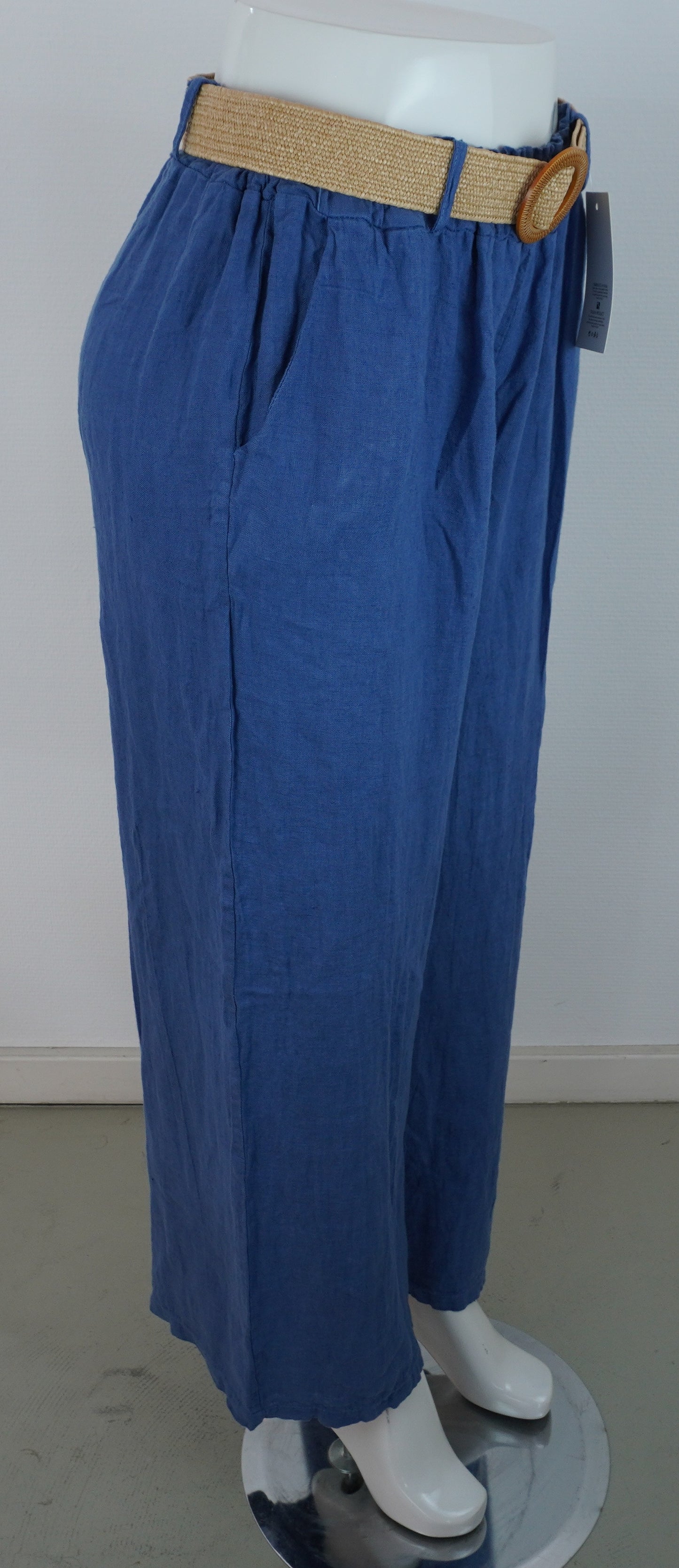 Leinenhose 100% Leinen – Mittelblau, mit Flechtgürtel, Sommerlook