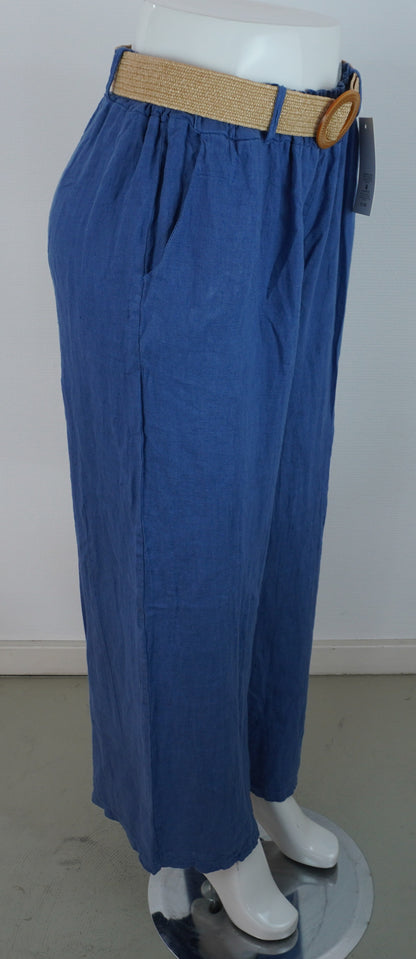 Leinenhose 100% Leinen – Mittelblau, mit Flechtgürtel, Sommerlook