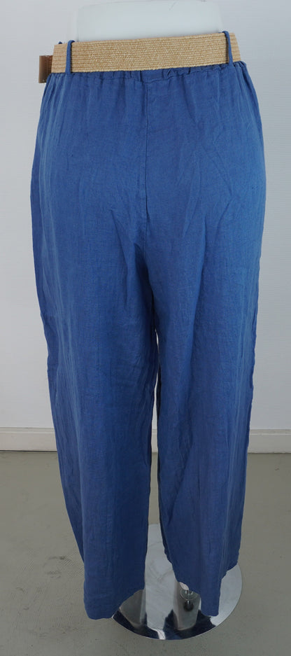 Leinenhose 100% Leinen – Mittelblau, mit Flechtgürtel, Sommerlook