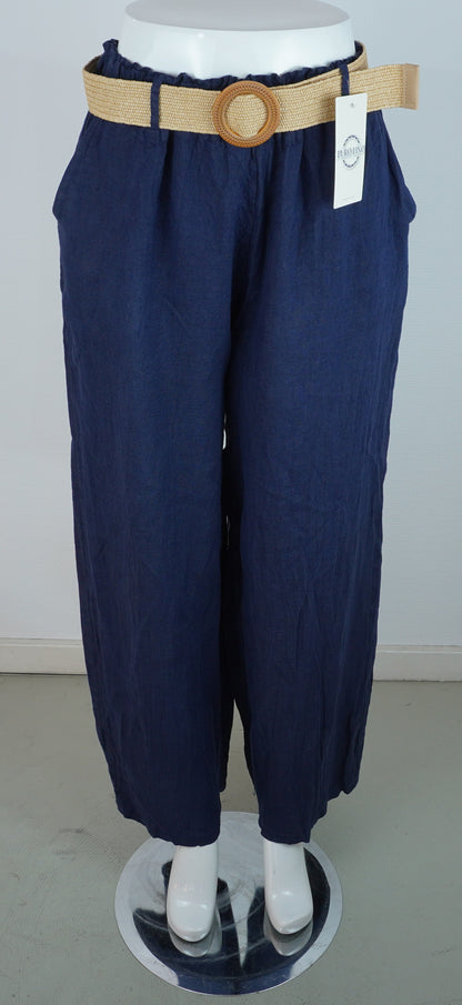 Leinenhose 100% Leinen – Dunkelblau/Navy, mit Flechtgürtel, Sommerlook